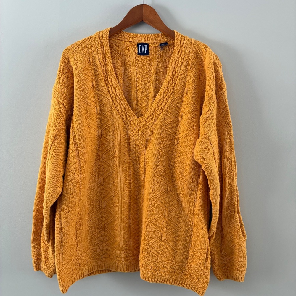 Gap Vintage 90s Mustard Yellow Textured V-Neck Sweater Ramie Cotton Womens Large